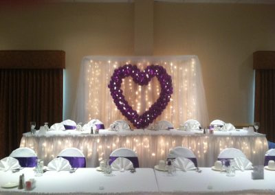 Hanging heart with lights and fabric head table-Owego Treadway